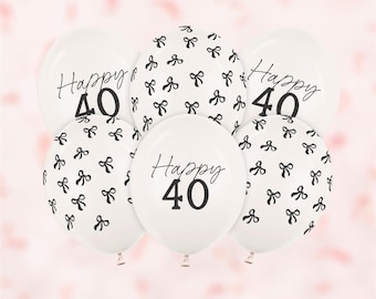 40th Birthday Party Balloons, Pack of 6, Gold Number 40 Balloons with Bow, Happy 40th Birthday Decorations, Party Supplies