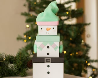 Stackable Green Hat Snowman Christmas Gift Boxes, Nested Christmas Eve Box, Snowman Gift Box, 3 Tier Nest Stacking Box - 3 Pack Small