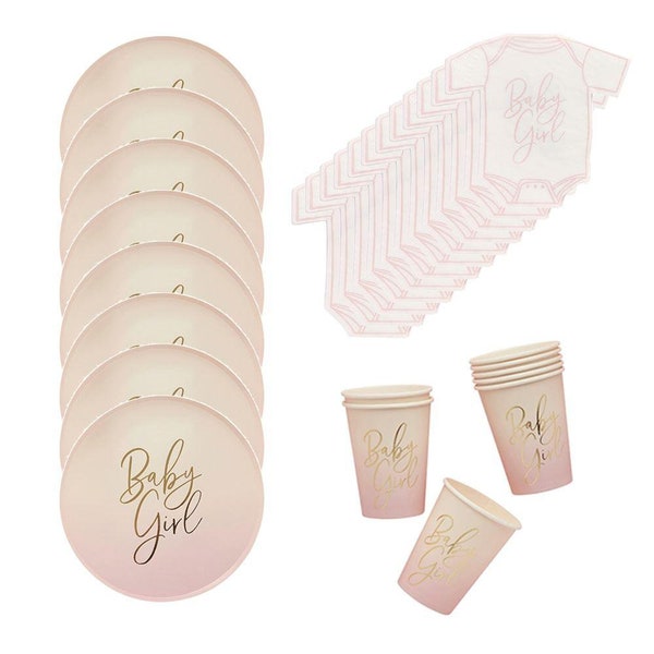 Pink Baby Shower Sprinkle Party Pack With Paper Plates Napkins And Cups For Girls , Pink Baby Shower Tableware, Baby Girl Party For 8 People