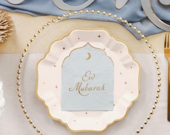 Eid Mubarak Blue Gold Paper Napkins, Festive Eid al-Fitr Table Decor, Bold Celebration Tableware for Party Styling Pack of 12