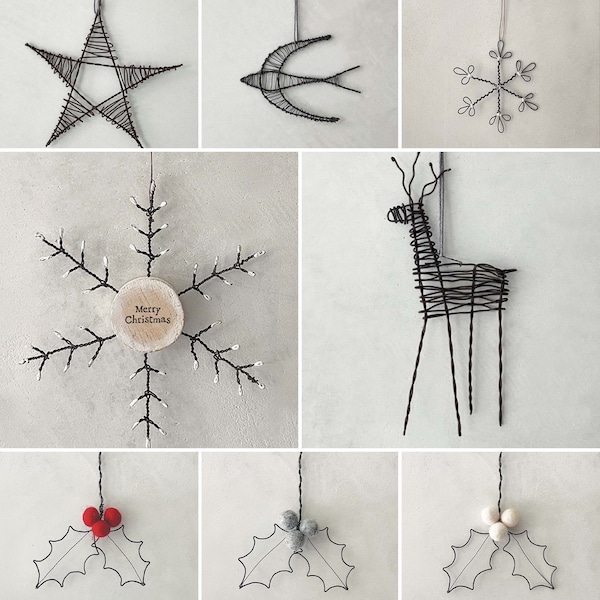 Christmas Wire Hanging Tree Gifts, Rustic Festive Decoration, Star Reindeer Holly Snowflake Christmas Decorations, Festive Keepsake Gift