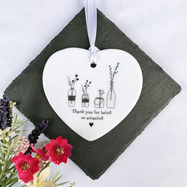 Thank You Porcelain Gift, Personalised Hanging Heart with Words 'Thank You For Being Amazing', Porcelain Gift, Hanging Decoration