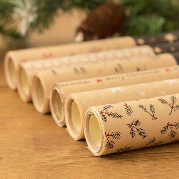 5m Frohe Weihnachten Geschenkpapier Rollen verschiedene Designs, Kraft Festliche Geschenkverpackung, Weihnachtsgeschenk Wrap, Weihnachtspapier Wrapping