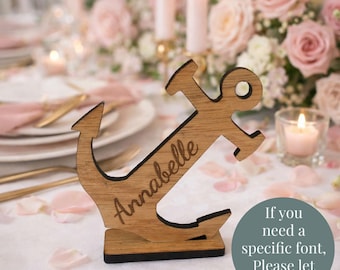 Wooden Anchor Place Names, Oak Veneer Nautical Place Cards, Personalized Table Settings