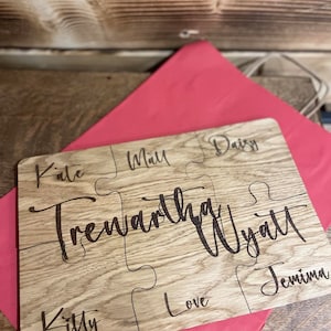 Personalised Family Names Jigsaw Coaster Set, Engraved Wooden Coaster, Wood Gift For Family, New Home Gift, Set Of 6