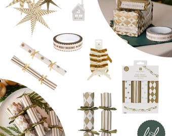 Gold and Cream Christmas Decorations, Luxury Festive Tableware, Crackers, Velvet Bows, Paper Stars, Chains, Advent Candle House