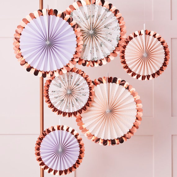 6 Rose Gold Foiled Floral Party Fans, Birthday Decorations, Pastel Floral Decor, Hen Party, Baby Shower Decor, Partea Tea Party Range