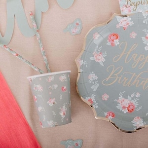 8 Spring Roses Cups, Green Birthday Wedding Mothers Day Partyware, Floral Paper Cups, Floral Tableware