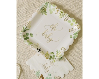 Baby Shower Geschirr Set | Grün Babypartydekoration | Sage Papier-Teller Tassen Servietten Gender Neutral Party