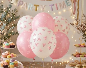 6 globos de fiesta premium rosas con lazos decorativos, elegantes decoraciones de cumpleaños, globos rosas para fiestas o celebraciones, cumpleaños de niñas