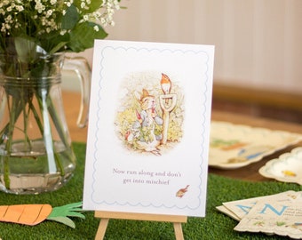 Peter Rabbit A5 Sign & Easel, 'Now Run Along..' 1st Birthday Party Table, Christening Baptism Party, Easter Party Decorations