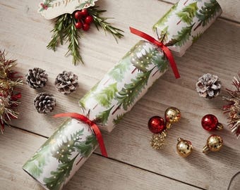 Snowy Forest Recyclable Christmas Crackers, Green Red Festive Paper Party Tableware, 30cm Crackers with Stationery Gift, Set of 12