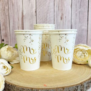 10 bicchieri per matrimonio "Just Married", bicchieri di carta Mr. Mrs con lamina d'oro, stoviglie per matrimonio in oro, decorazioni per la tavola per feste di matrimonio