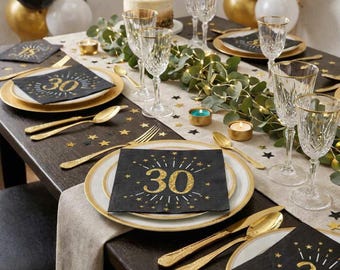 10 servilletas negras y doradas para fiesta de 30 cumpleaños, servilletas de papel metalizadas para 30 cumpleaños, vajilla para cumpleaños de 30 años, artículos para fiesta de cumpleaños de 30 años.