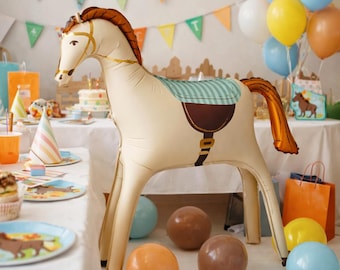 Globo infantil de aluminio con forma de caballo de pie, color crema, decoración para fiestas infantiles, globo de cumpleaños, temática ecuestre, decoración festiva para fiestas infantiles.