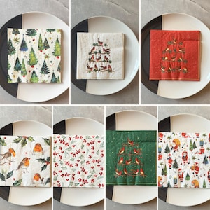 20 tovaglioli di Natale (diversi design), stoviglie per feste, tovaglioli di pettirosso, tovaglioli di albero di Natale, tovaglioli di bacche, tovaglioli per feste di Natale