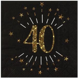 10 Black Gold 40th Birthday Party Napkins, Foil 40th Birthday Paper Napkins, Age 40 Birthday Tableware, 40th Milestone Birthday Partyware