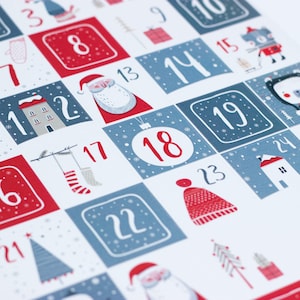 May include: A red and blue Christmas advent calendar with numbers 1 through 24. Each number is in a square with a different festive illustration, such as a house, a stocking, a Christmas tree, and Santa Claus.