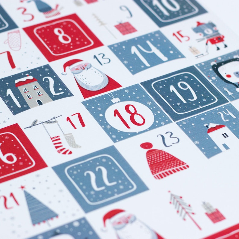 May include: A red and blue Christmas advent calendar with numbers 1 through 24. Each number is in a square with a different festive illustration, such as a house, a stocking, a Christmas tree, and Santa Claus.