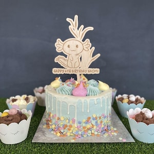 Axolotl Personalised Wooden Cake Topper, Childrens Birthday Cake Topper, Birthday Decorations, Name Age Cake Topper For Kids