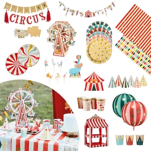 Circus Theme Partyware, Funfair Party Decorations, Circus Birthday Party Cups Plates Napkins Balloons Banners Treat Stands and more
