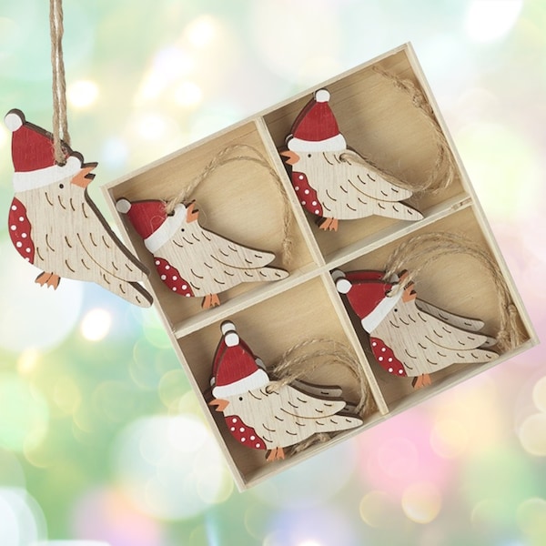 8 Wooden Christmas Birds Hanging Decorations, Festive Bird Baubles, Christmas Tree Decorations, Wooden Tree Decorations, Christmas Baubles