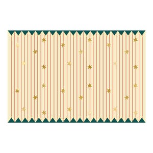May include: A rectangular cream-colored textile with vertical red stripes and scattered gold stars. The top and bottom edges are trimmed with a dark green zigzag pattern. This decorative piece could be a table runner or a wall hanging.