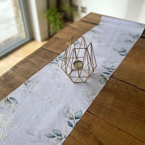 Botanical White Gold Green Foliage Fabric Table Runner, Wedding Table Decoration, Green Gold Table Runner, Party Table Decoration 5m image 2