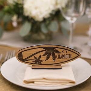 Surfboard Place Names Wooden Personalised, Beach Theme Wedding Favours, Small Childrens Wood Name Tags, Seaside Name Cards, Laser Cut