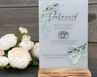 Personalised Photo Guest Book Sign, Botanical Snap It Shake It Sign It Sign, Photo Guestbook Decoration, Opaque Acrylic Wedding Table Sign