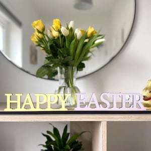 Happy Easter Free Standing Wooden Sign, Easter Home Decoration, Mantelpiece Easter Sign, Easter Table Sign, Choice Of Colours Laser Cut