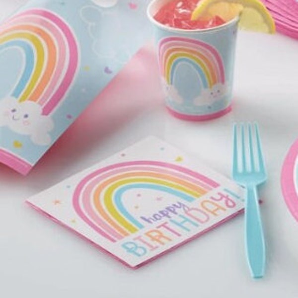 16 Pastell Happy Birthday Regenbogen Servietten, Regenbogen Party, Mädchen Pastell Partyware, Regenbogen Papierservietten, Regenbogen Dekorationen