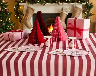 Pink and Red Stripe Paper Tablecloth for Christmas Party Dining, Cheerful Festive Holiday Table Cover for Seasonal Celebrations 2.6m