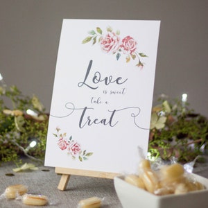Weiße Boho Hochzeit A5 Zeichen Liebe ist süß Karte und Staffelei, Hochzeitsschild, Hochzeitsdekorationen, süße Candy Hochzeit Bar Zeichen