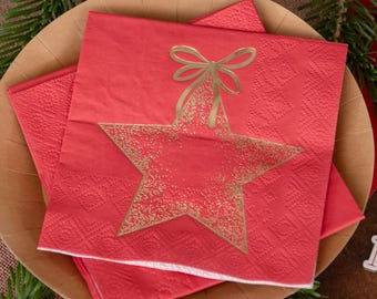 20 servilletas de estrellas rojas brillantes, vajilla navideña desechable para fiestas y entretenimiento festivo, 25 x 25 cm