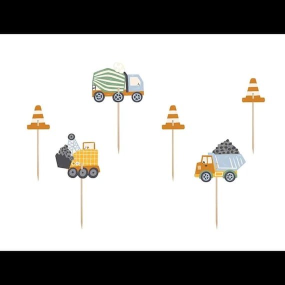 Newmemo Construction Cake Topper Set - 16-Piece Vehicles & Road Signs For Birthday Parties