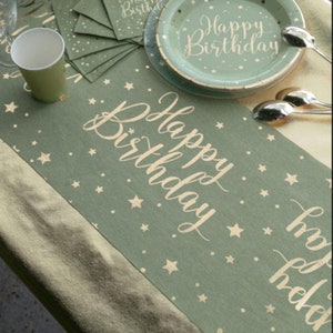 Olive Green Birthday Table Runner, Gold Foil Table Runner, Birthday Tableware, Birthday Partyware 3m