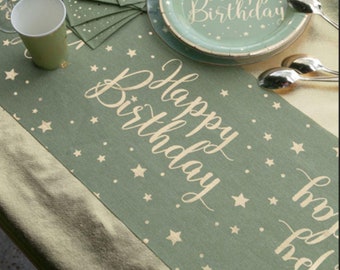 Olive Green Birthday Table Runner, Gold Foil Table Runner, Birthday Tableware, Birthday Partyware 3m
