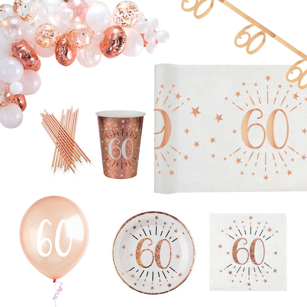 Rose Gold 60th Birthday Decorations Kit – Vintage 1964 Theme With Banner, Honeycomb Balls, Swirls & Pom Poms