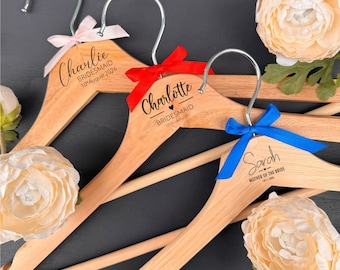 Personalised Wedding Bridesmaid Dress Hangers Wooden, Engraved Keepsake Gift For Bride Bridesmaids Flower Girl, Wedding Day Wood Hangers