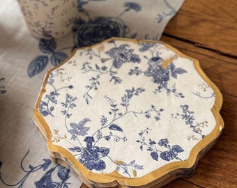 16 Blue Botanical Floral Paper Napkins, Gold Foiled Party Napkins, Blue Wedding Tableware Napkins, Blue Partyware