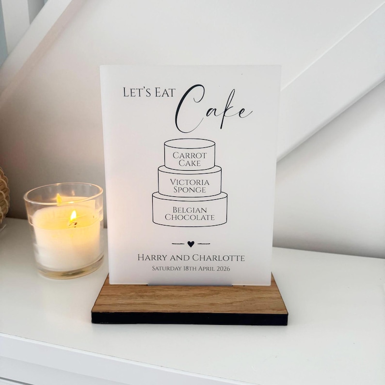 Personalisierte Hochzeitstorte Menü, Hochzeit Dessert Zeichen, Party Kuchen Flavours Zeichen, klassisches A5 A4 undurchsichtiges Acrylschild, benutzerdefinierte Menüs der Kategorie 2 Bild 3