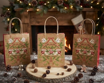 8 Christmas Folklore Rustic Gift Wrapping Bags, Festive Gift Bag Set, Gifting Bags, Christmas Party Bags, Gift Wrapping Ideas