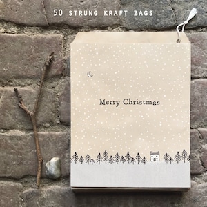 50 sacchetti di carta natalizi, sacchetti regalo di carta marrone, confezioni regalo, sacchetti di buon Natale con alberi, sacchetti Kraft