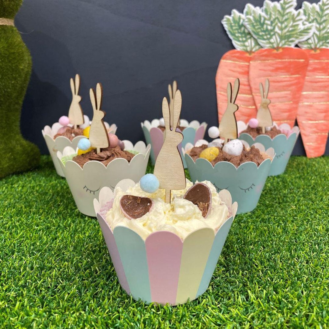 6 Easter Bunny Cupcake Toppers With Pom Poms, Wood Bunny Rabbit Cupcake