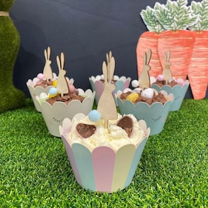 6 Easter Bunny Cupcake Toppers With Pom Poms, Wood Bunny Rabbit Cupcake Decorations, Easter Cake Decorations, Childrens Easter Cupcake Picks