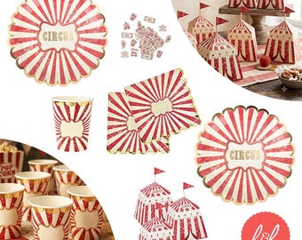 Vintage Circus Party Decorations, Circus Party Plates, Napkins, Cups, Treat Boxes & Table Scatter, Carnival Birthday Party Supplies