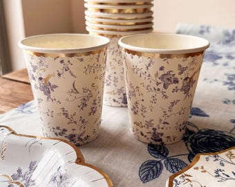 Elegant Blue and Gold Floral Party Paper Cups – Pack of 8, Stylish Disposable Cups for Weddings, Birthdays, Tea Parties & Events