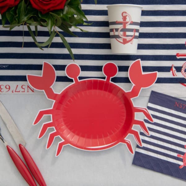 10 Red Crab Paper Plates, Seaside Partyware, Sea Themed Birthday Party, Childrens Seaside Party Plates, Crab Party Plates