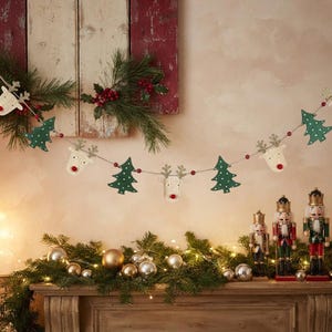 Wooden Reindeer And Christmas Tree Garland, Festive Hanging Decorations, Mantlepiece Decorations, Wooden Garlands